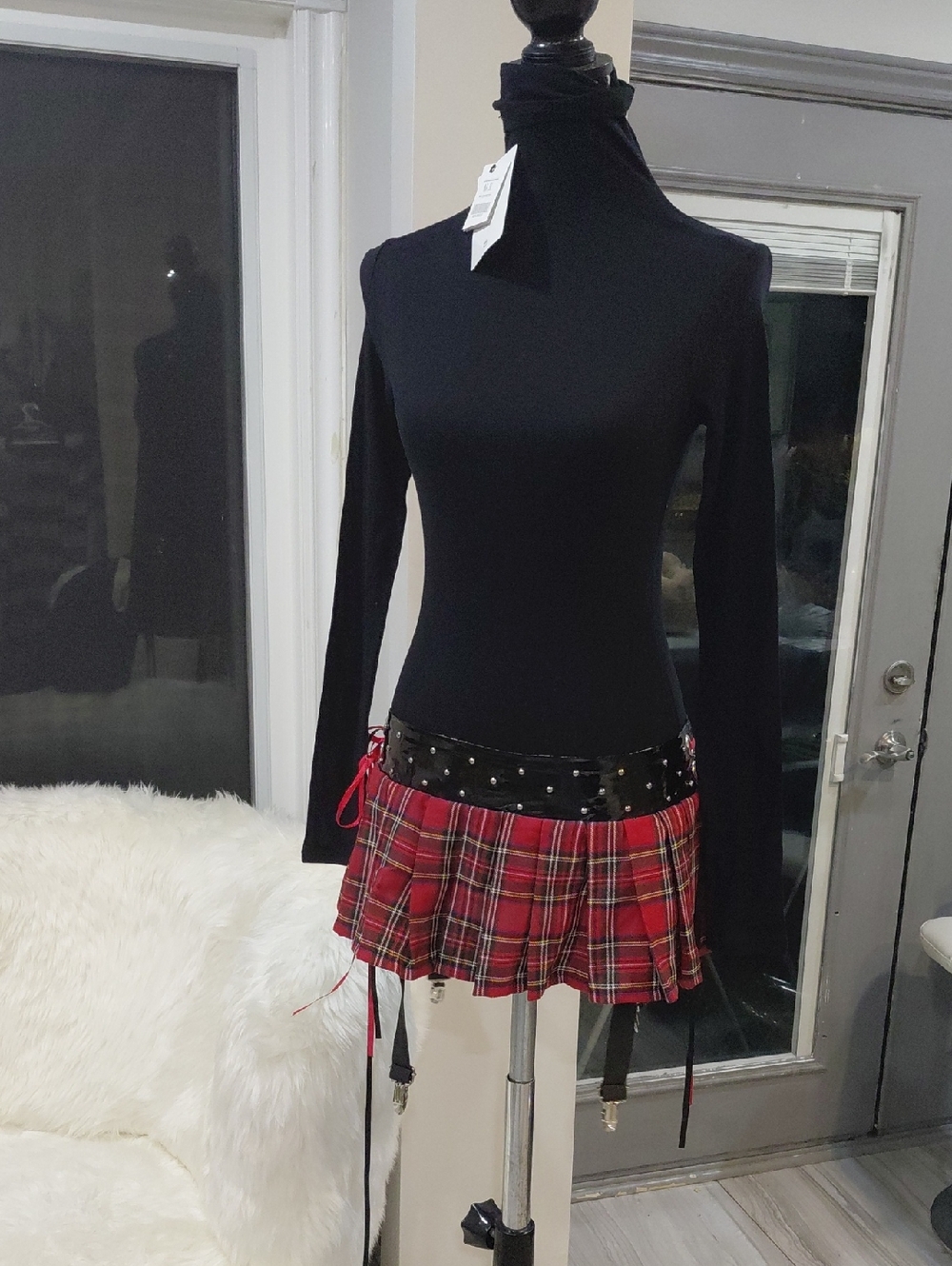 Bundle Plaid Red Mini Skirt with Studded Waistband - Picture 2 of 12